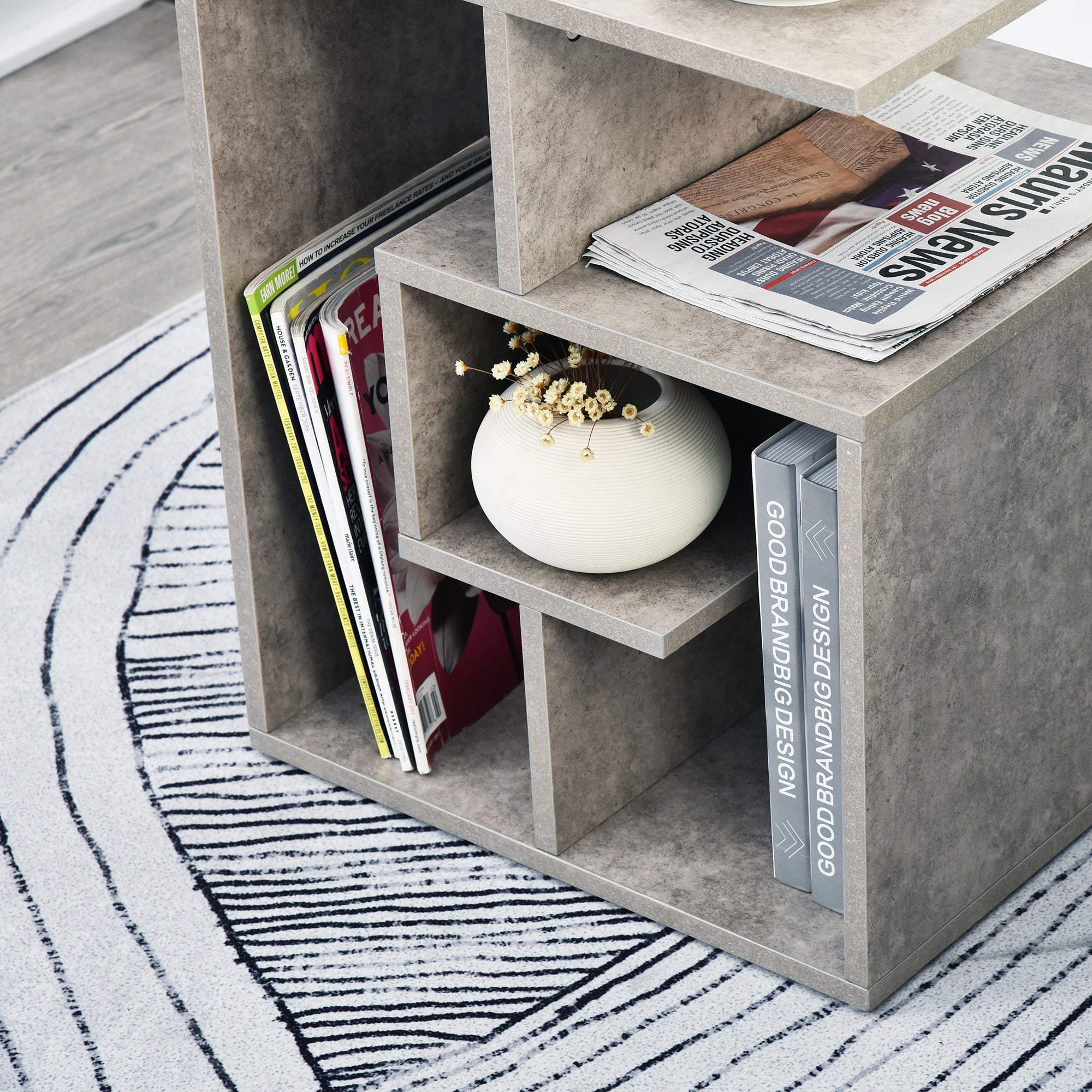 Kozy Side Table, 3 Tier End Table with Open Storage Shelves for Living Room, Bedroom, Cement Colour