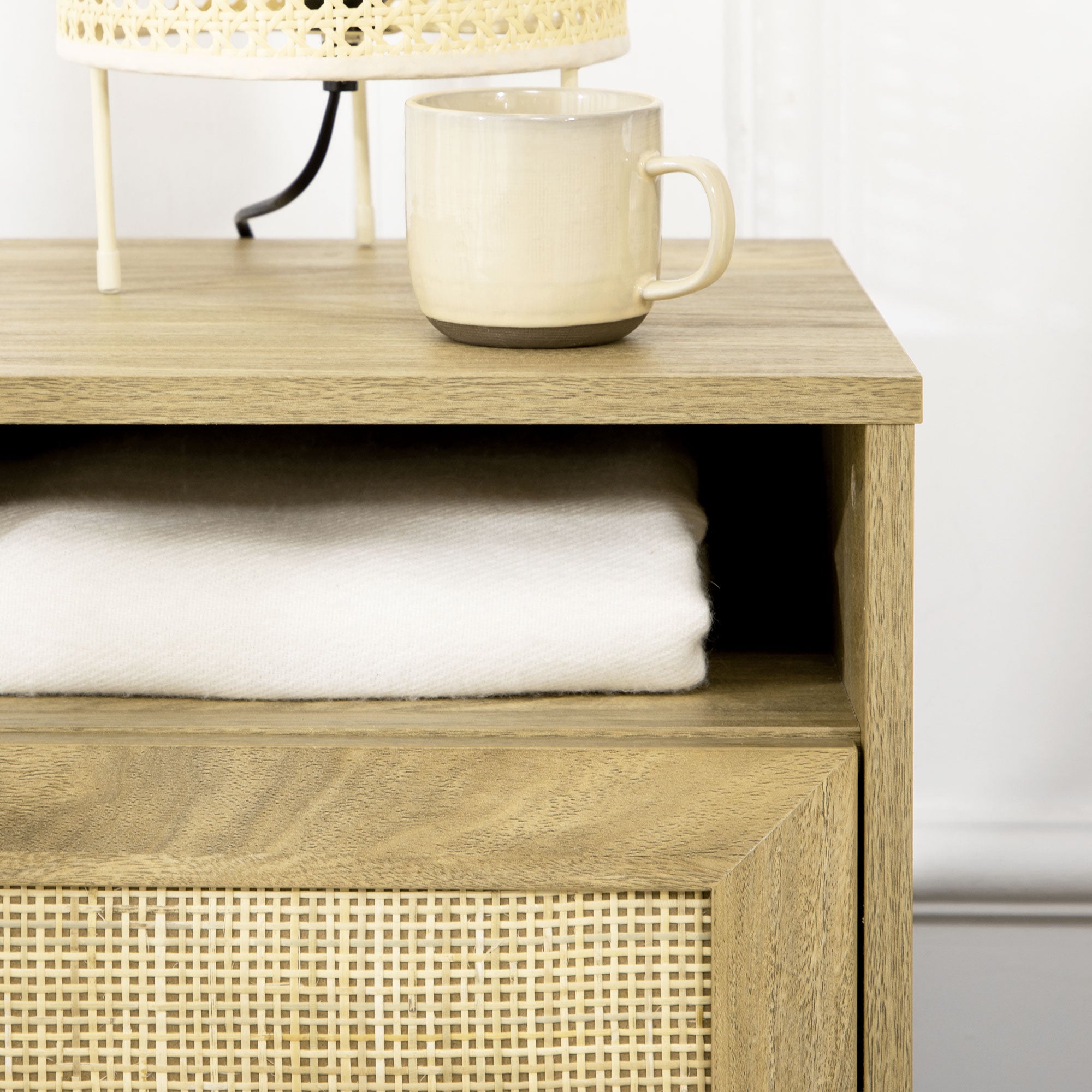 Kozy Bedside Table with Rattan Element, Side End Table with Shelf and Cupboard, 39cmx35cmx60cm, Natural