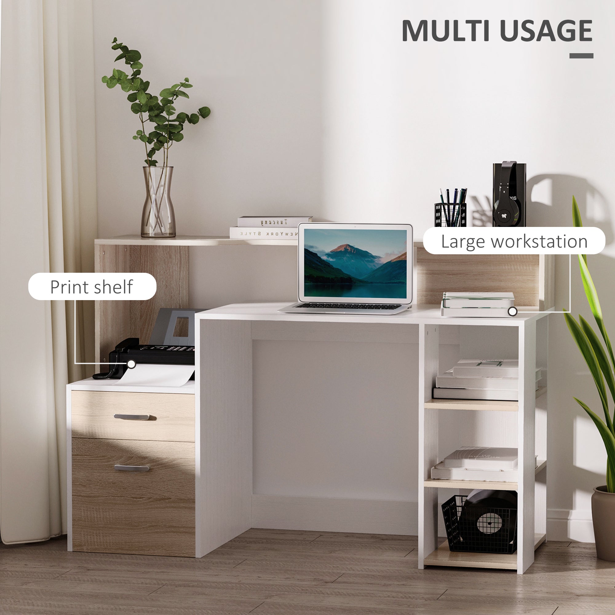 Kozy Computer Desk with Drawers and Storage Shelves, Office Desk Writing Table with Printer Stand, Large Workstation for Study Play Work Home Office, 137 x 55 x 92cm, Oak