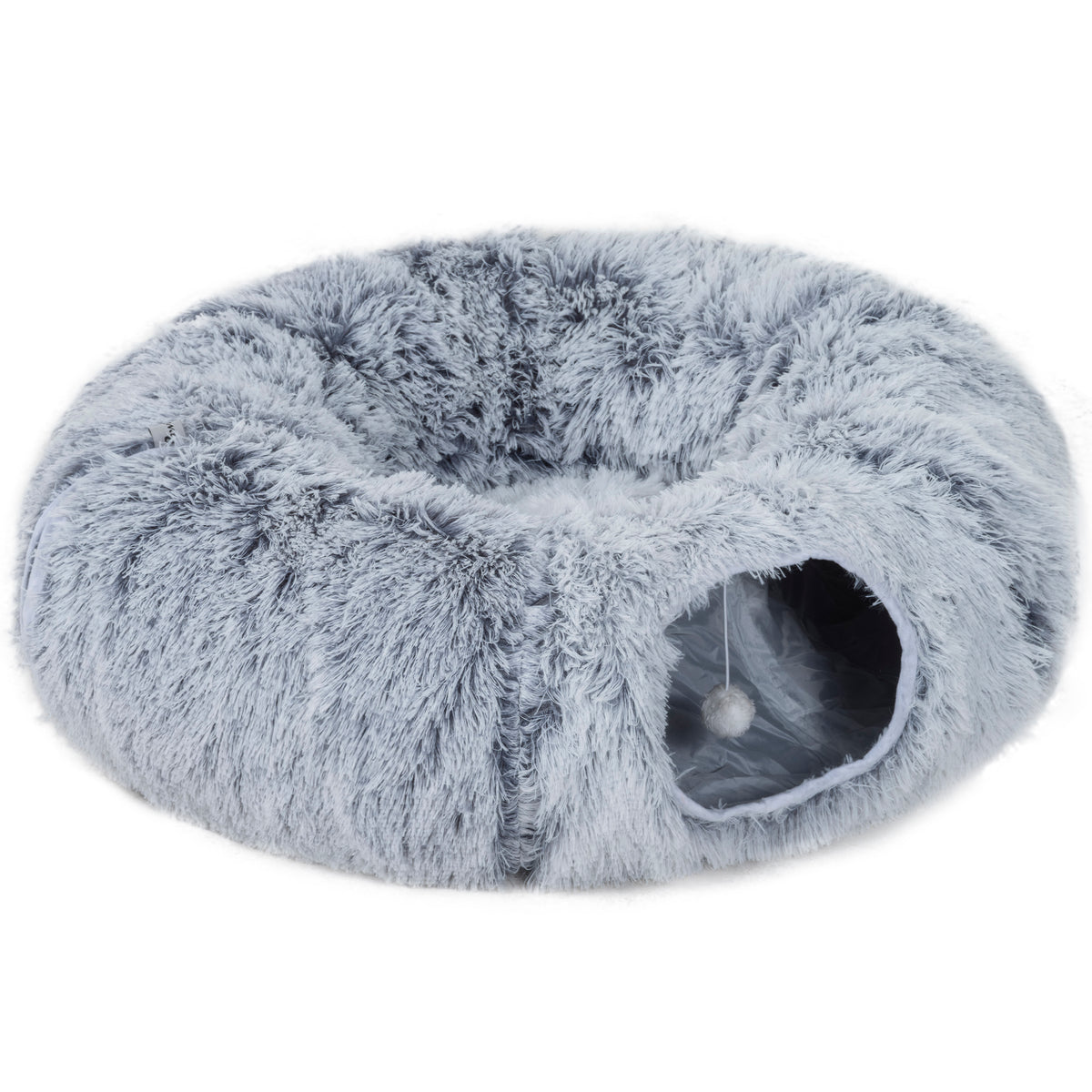 Kozy - 2-in-1 Donut Cat Tunnel with Washable Bed, Play Tunnel Bed with Toy Ball and Door Hole for Indoor Cats, Light Grey
