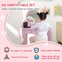 ZONEKIZ Wooden Children's Bedroom Set with Dressing Table, Stool, Bed, Cat Motif for Ages 3-6, Multicolour | Aosom UK