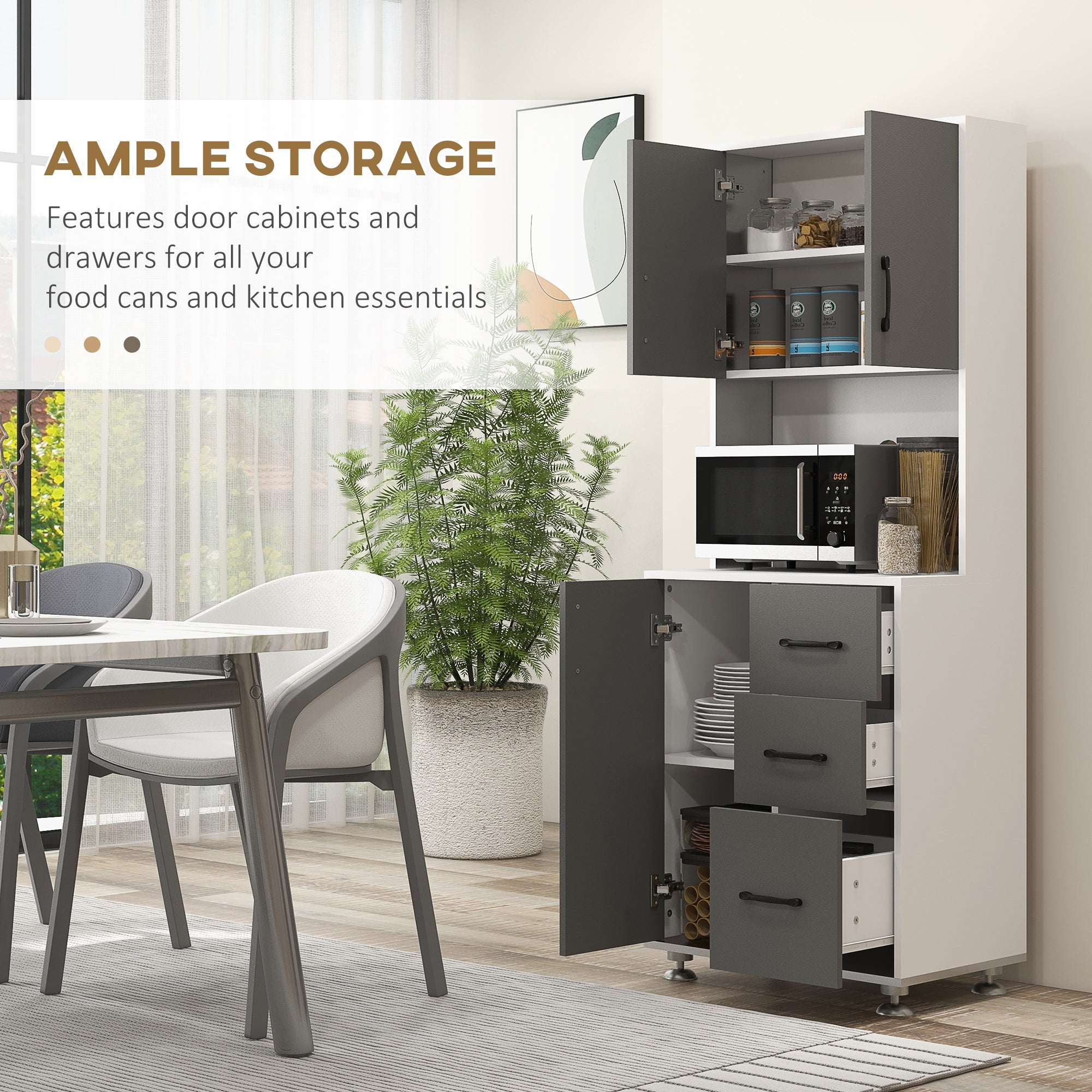 Kozy Modern Kitchen Cupboard with Storage Cabinets, 3 Drawers and Open Countertop for Living Room, Grey