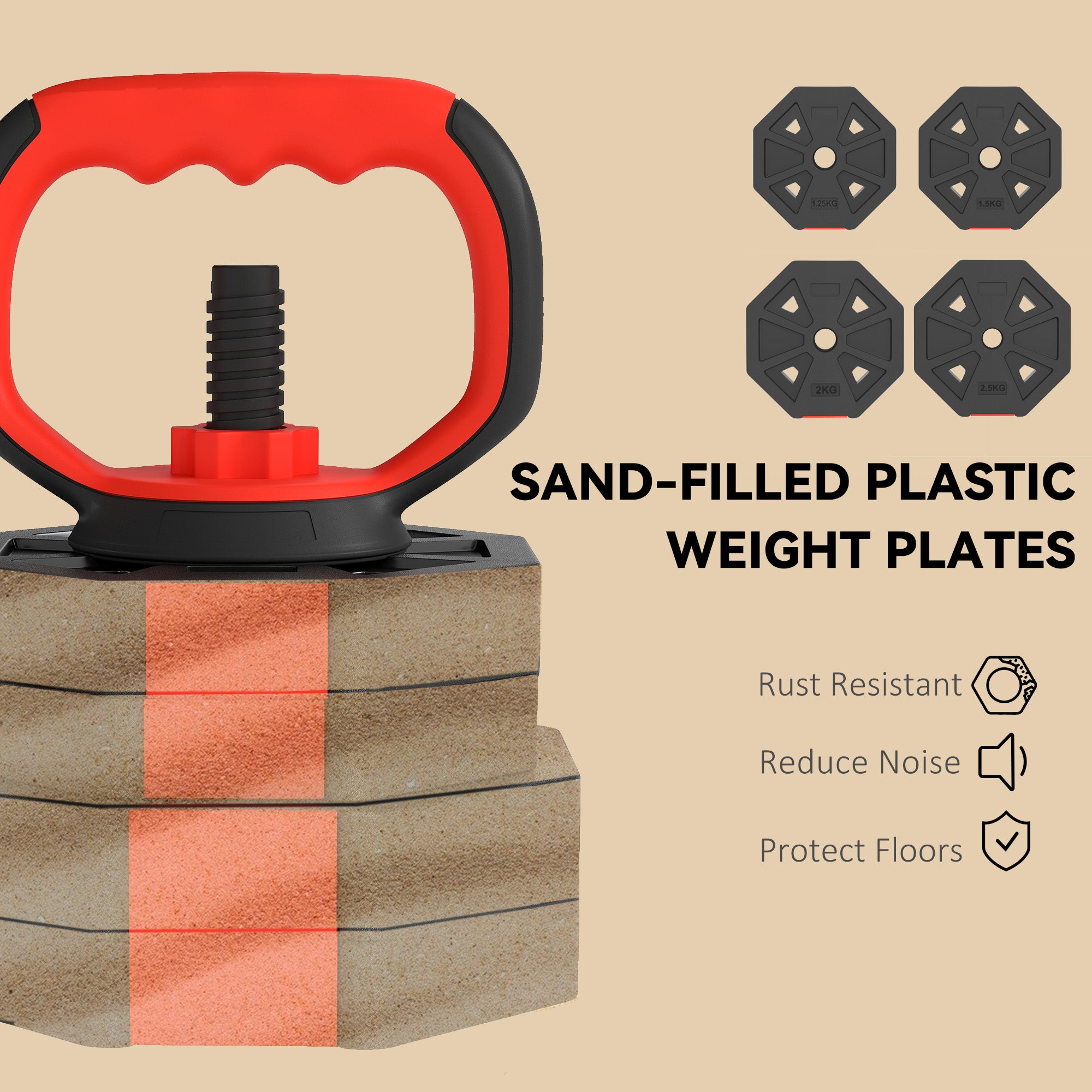 Kozy 4-in-1 Adjustable Weight Dumbbells Set, Used as Kettlebell, Barbell, Dumbbell, Push-Up Stand, 30kg Free Weights Set for Men and Women Home Gym Training, Red