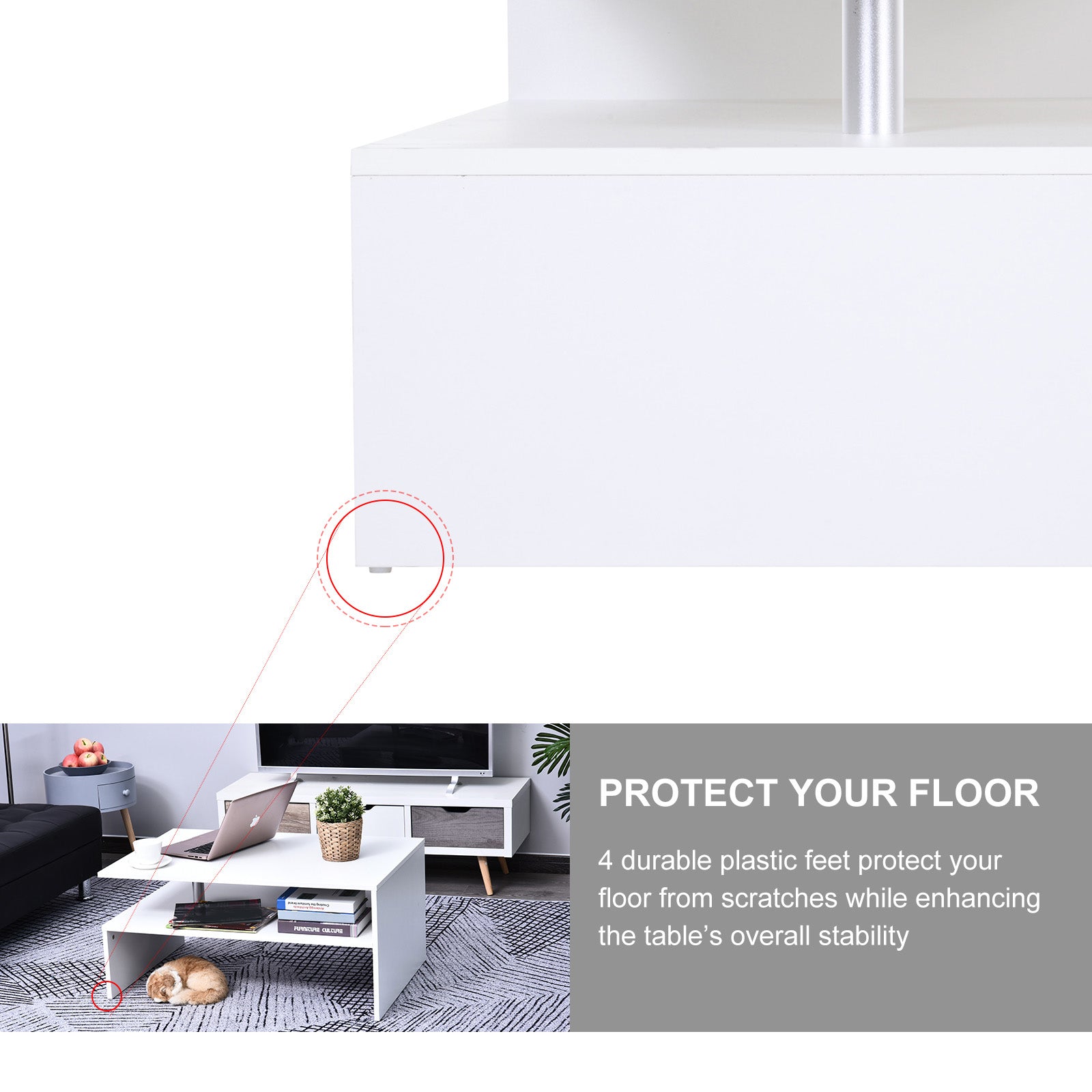 Kozy Coffee Table with Storage, 2-Tier Centre Table, Modern Living Room Table with Open Shelf and Aluminium Poles, White