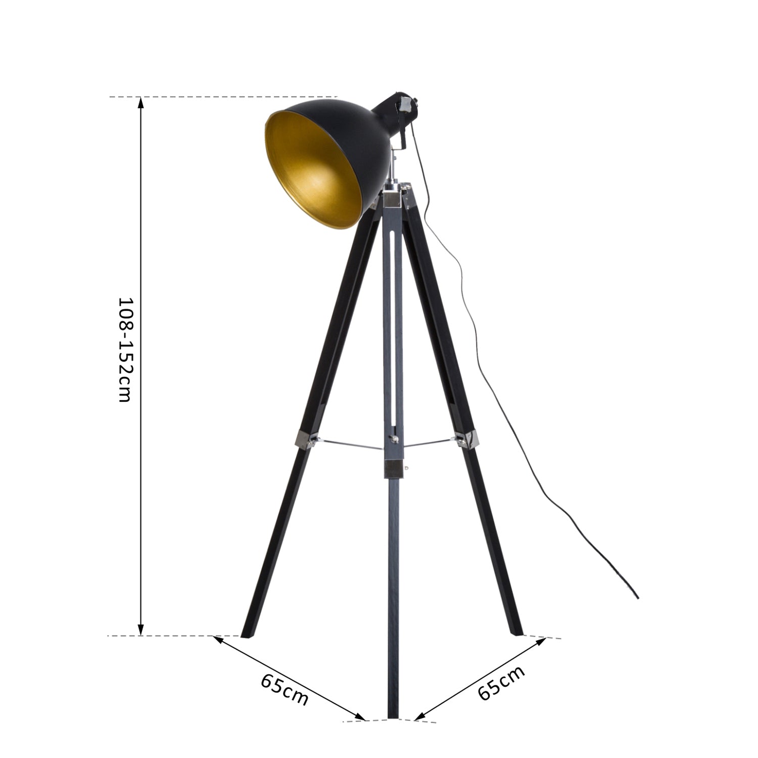 HOMCOM Studio Floor Lamp,Tripod Spotlight Lamp with Wood Legs, Ø 30 cm Lampshade and Max. 40W, 152cm Floor Lamp, Metal, Black and Gold