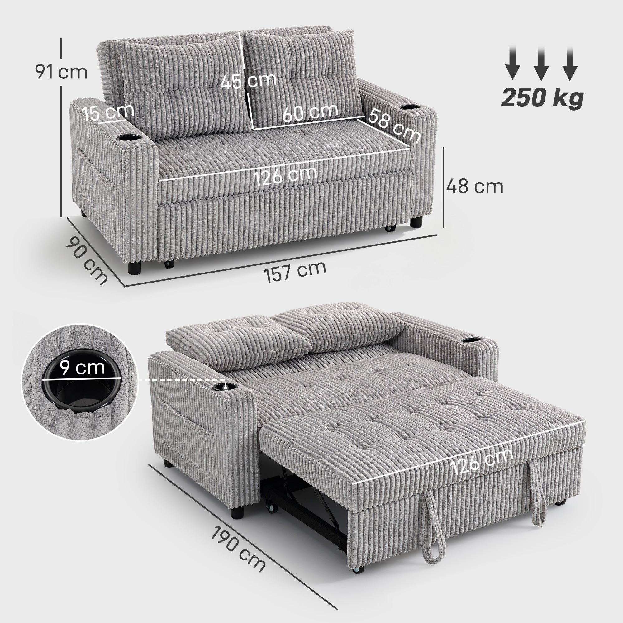 Kozy 2 Seater Click Clack Sofa Bed with Pull Out Design, Corduroy Upholstery - Light Grey