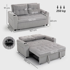 Kozy 2 Seater Click Clack Sofa Bed with Pull Out Design, Corduroy Upholstery - Light Grey