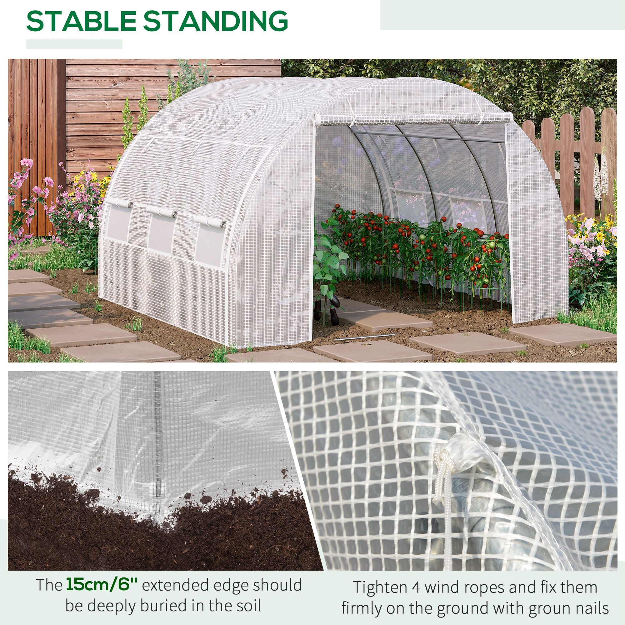 Kozy 3 x 3 x 2 m Polytunnel Greenhouse with Roll-up Side Walls, Walk-in Grow House Tent with Steel Frame, Reinforced Cover, Zipped Door and 6 Mesh Windows for Garden, White