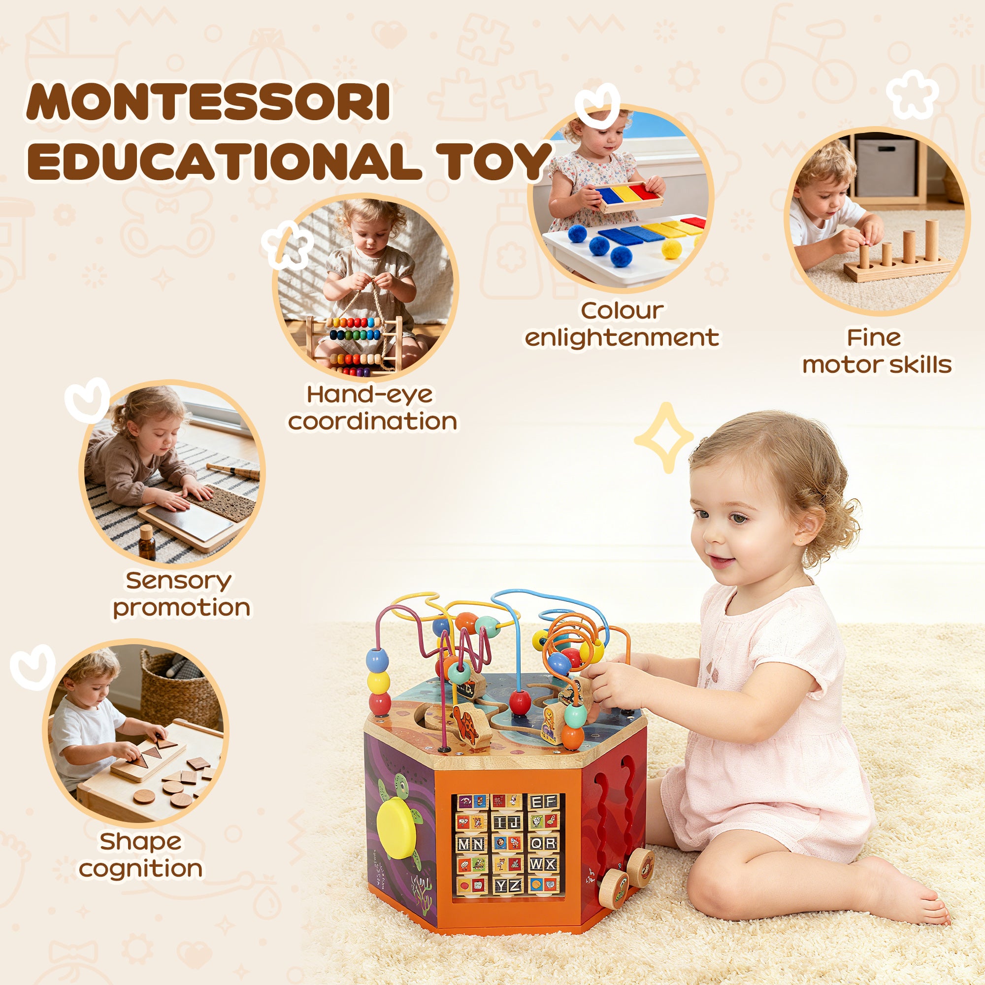 Kozy Wooden Activity Cube, Baby Toys with Bead Maze, Pattern Sorter for Toddlers Boys and Girls 18+ Months