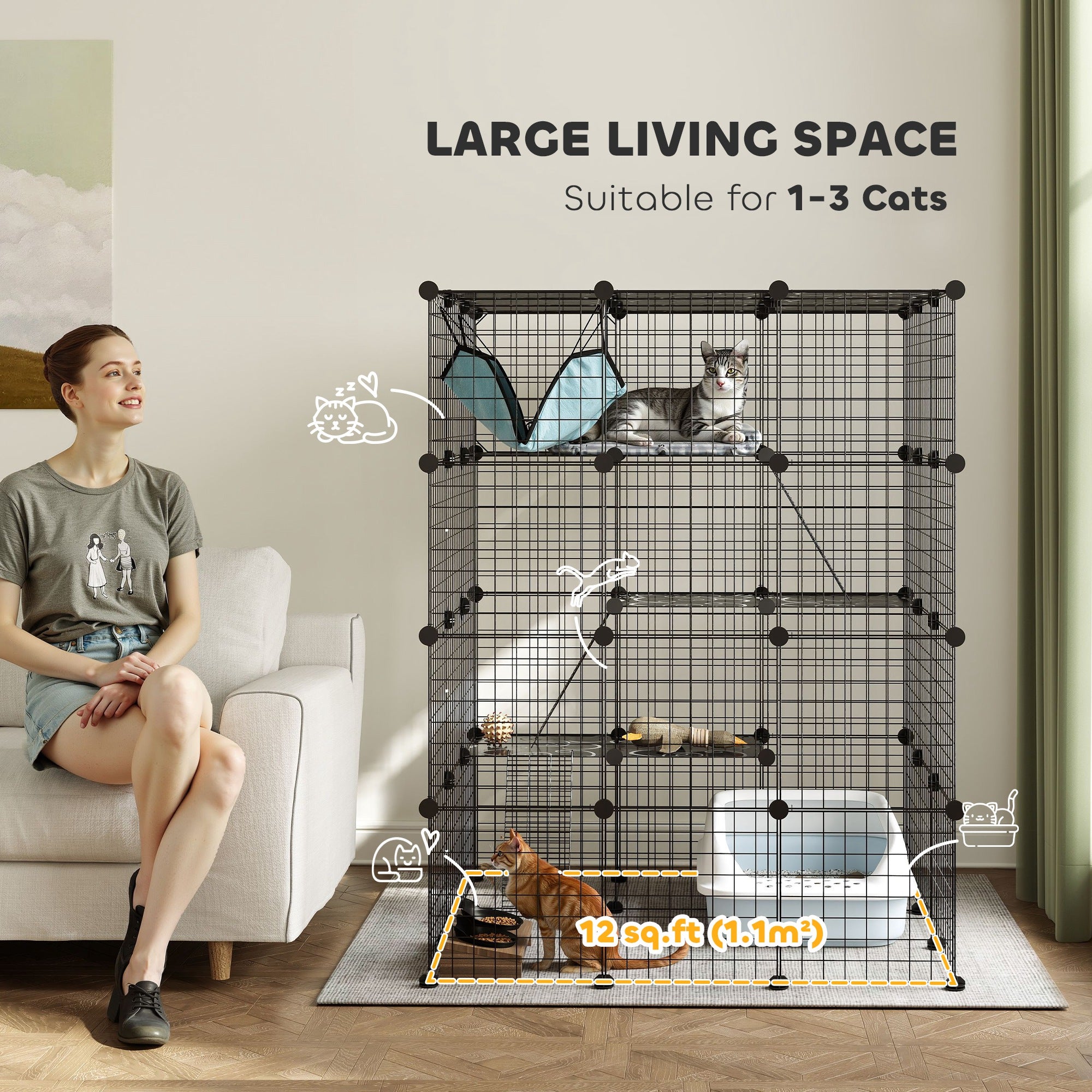 Kozy - Steel Wire Cat Cage Indoor with Hammock, Ramps, Doors, DIY Cat Enclosure for 1-3 Cats, Black