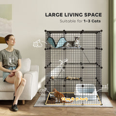 Kozy - Steel Wire Cat Cage Indoor with Hammock, Ramps, Doors, DIY Cat Enclosure for 1-3 Cats, Black