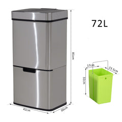 HOMCOM 72L Recycling Sensor Bin, Stainless Steel 3 Compartments for Both Wet or Dry Waste with Removable Lid Kitchen Home