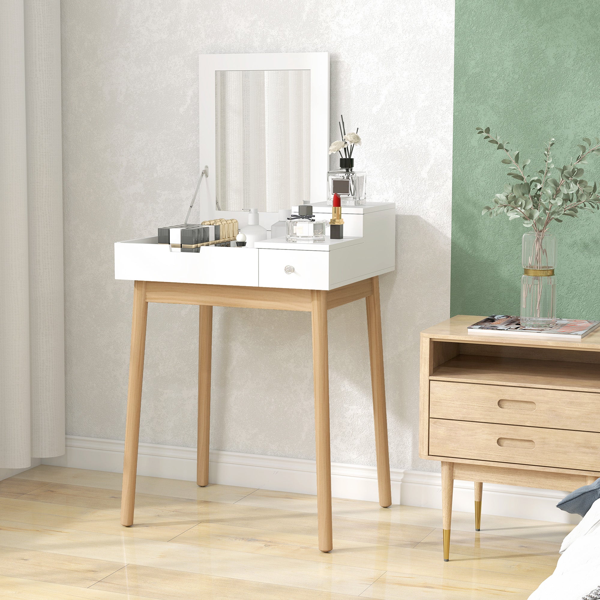 Kozy Dressing Table with Flip-up Mirror, Makeup Desk with 2 Drawers and Pine Wood Legs, Vanity Table Writing Desk for Bedroom Living Room, White