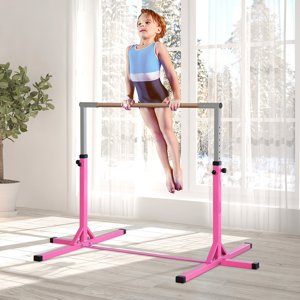 HOMCOM Steel Frame Adjustable Horizonal Gymnastics Bar for Kids Pink