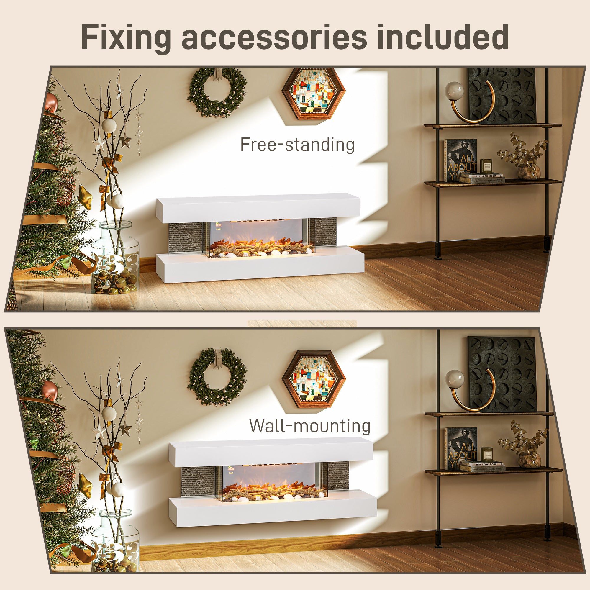 Kozy - 47inch / 120cm Electric Fireplace Wall Mounted, Freestanding, Glass Electric Fire Suite with Mantel, Adjustable LED Flame Effect and Temperature, Log, Pebble, Remote Control, 2000W, White