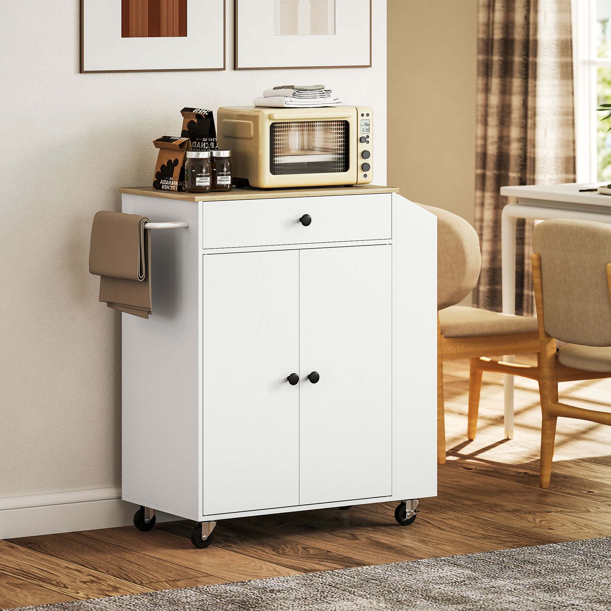 Kozy - Rolling Kitchen Island with 3-Tier Spice Rack, Kitchen Storage Cart with Drawer and Towel Rack, White