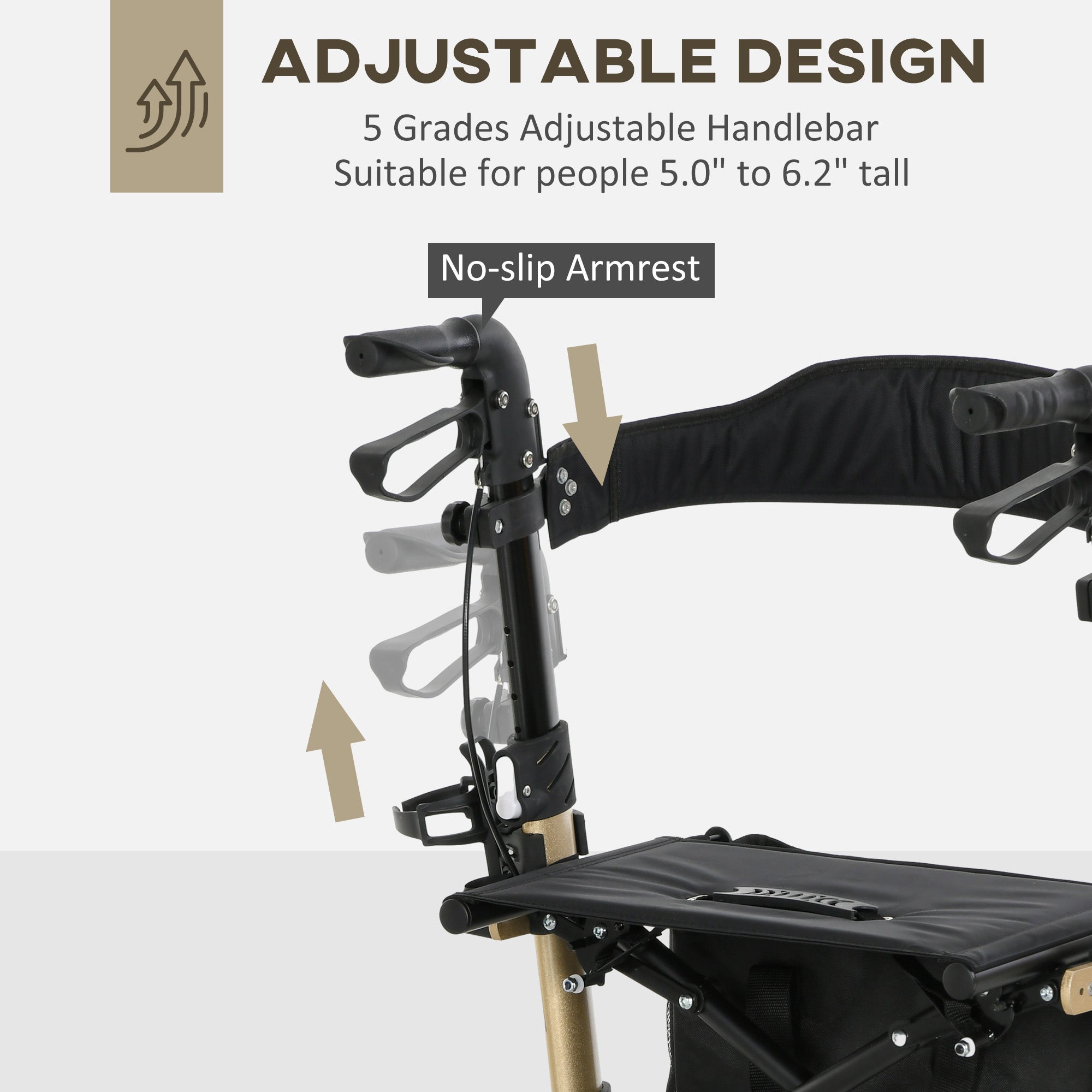 Kozy Folding Rollator with Cane Holder, Adjustable Handle Height and Aluminum Frame, 4 Wheeled Mobility Walker with Seat and Bag, Gold