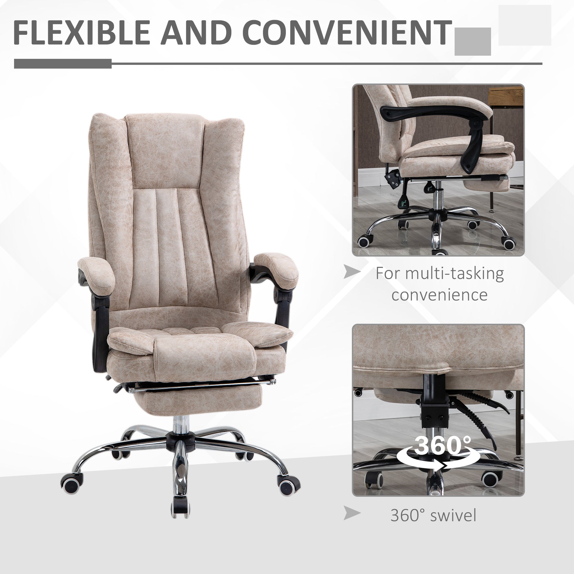 Kozy Home Office Chair Microfibre Desk Chair with Reclining Function Armrests Swivel Wheels Footrest Beige