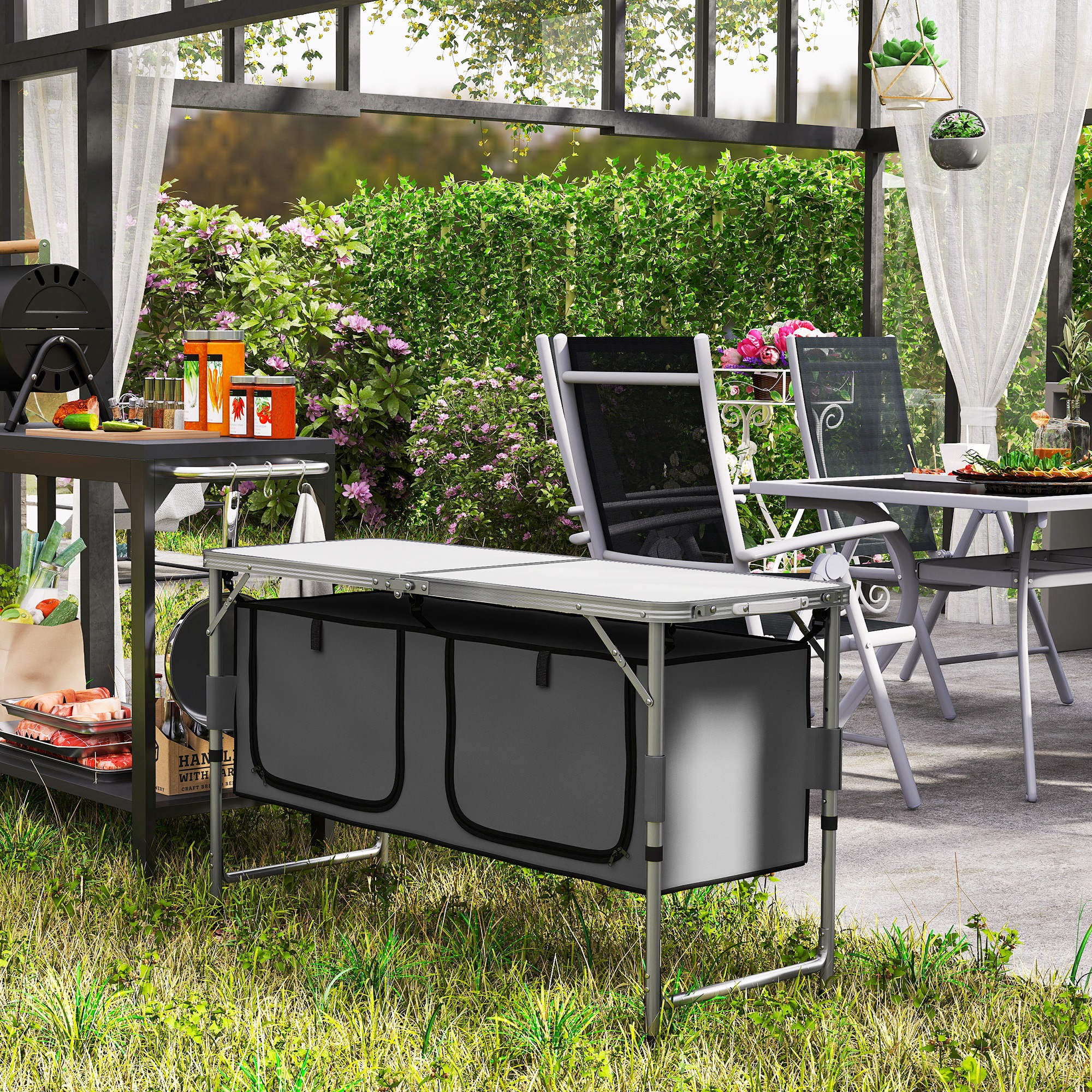 Kozy 4ft Folding Camping Cupboard Kitchen, Height Adjustable Aluminium Camping Table with Storage, Lightweight Picnic Table for Outdoor Garden BBQ Party