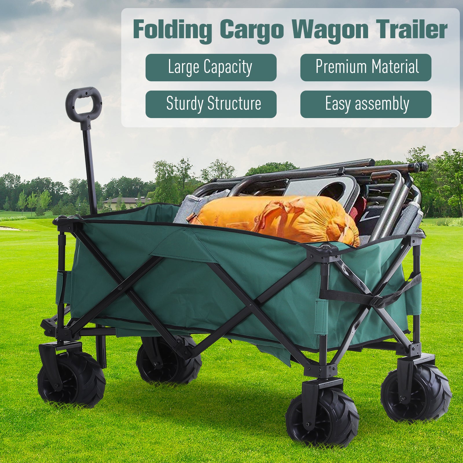 Outsunny Folding Cargo Wagon Trailer, Outdoor Pull Along Cart for Beach Garden with Telescopic Handle, Anti