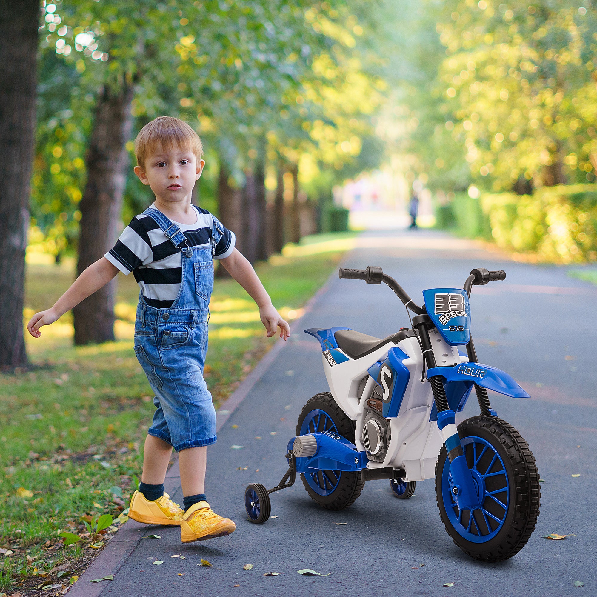 Kozy 12V Kids Electric Motorcycle Ride-On, with Training Wheels, for Ages 3-6 Years - Blue