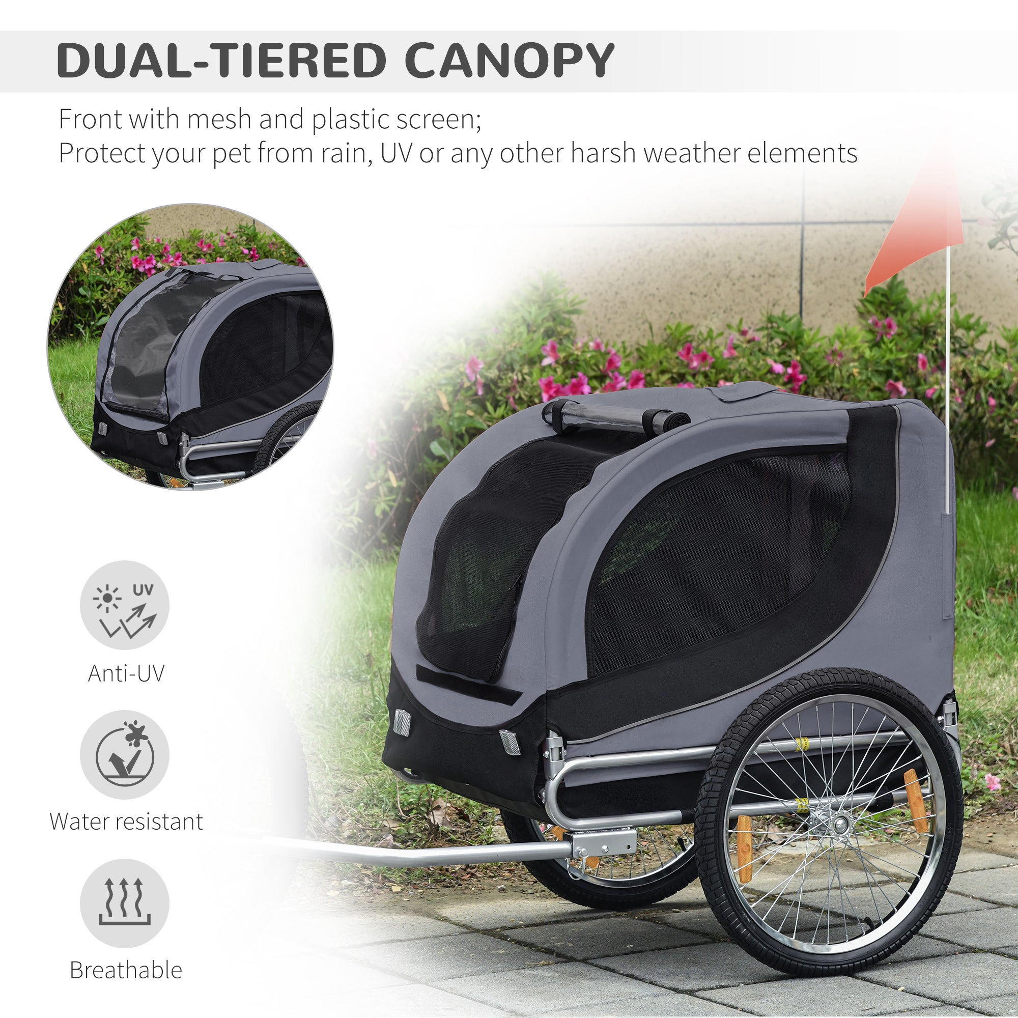 PawHut Dog Bike Trailer, Steel Pet Cart Carrier for Bicycle, Water Resistant Travel Kit, Grey and Black