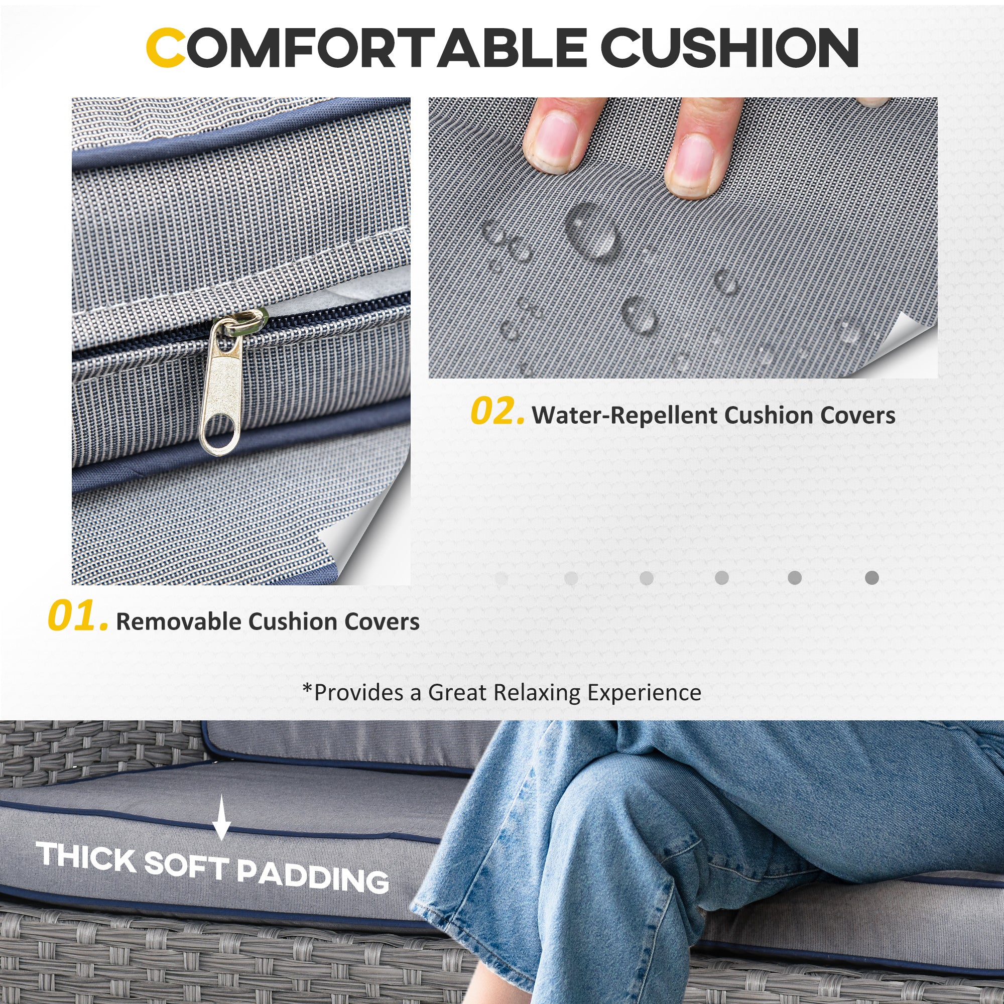 Kozy 6 Pieces Rattan Garden Furniture Set, 6 Seater Garden Sofa Set with Glass Top Dining Table, Loveseat, 2 Armchairs and Ottomans, Wicker Outdoor Conservatory Furniture for Patio, Grey