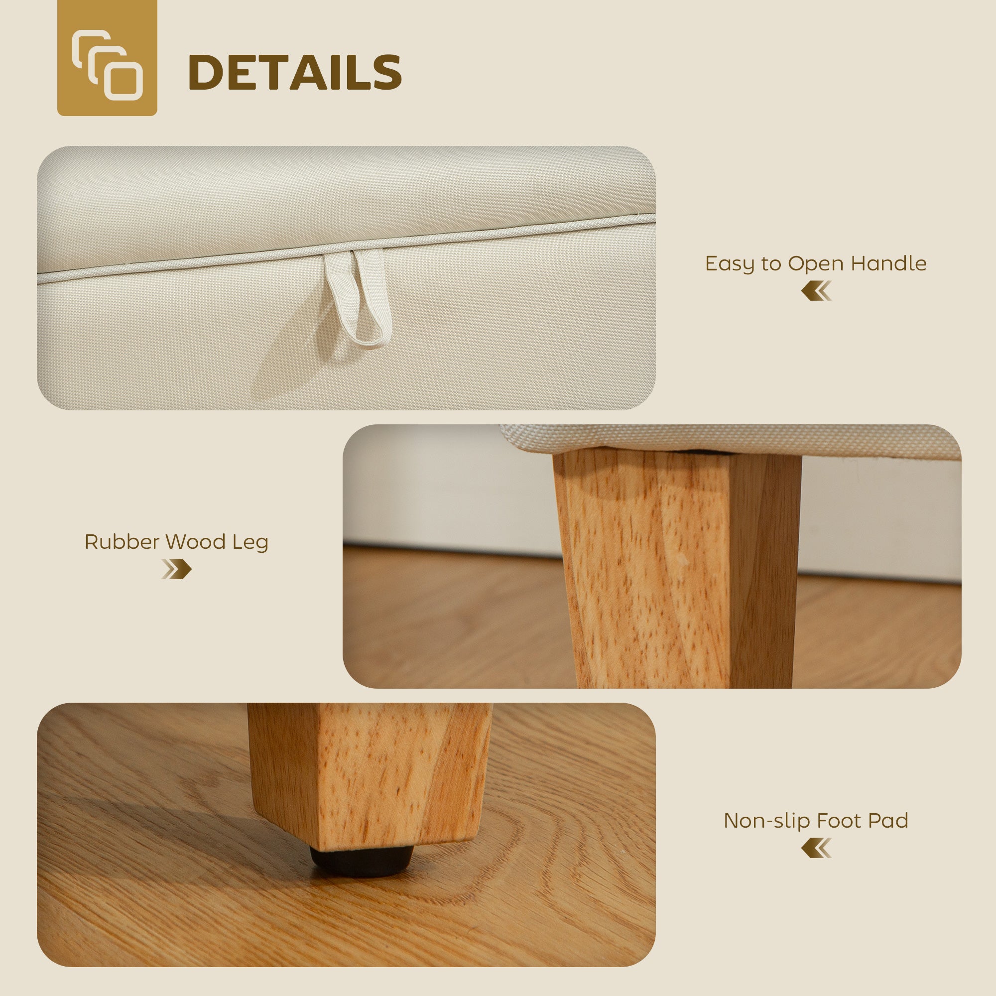 Kozy - 30L Linen Storage Ottoman Padded Footstool with Rubberwood Legs for Storage Box, Bed End, Shoe Bench, Seating, Beige