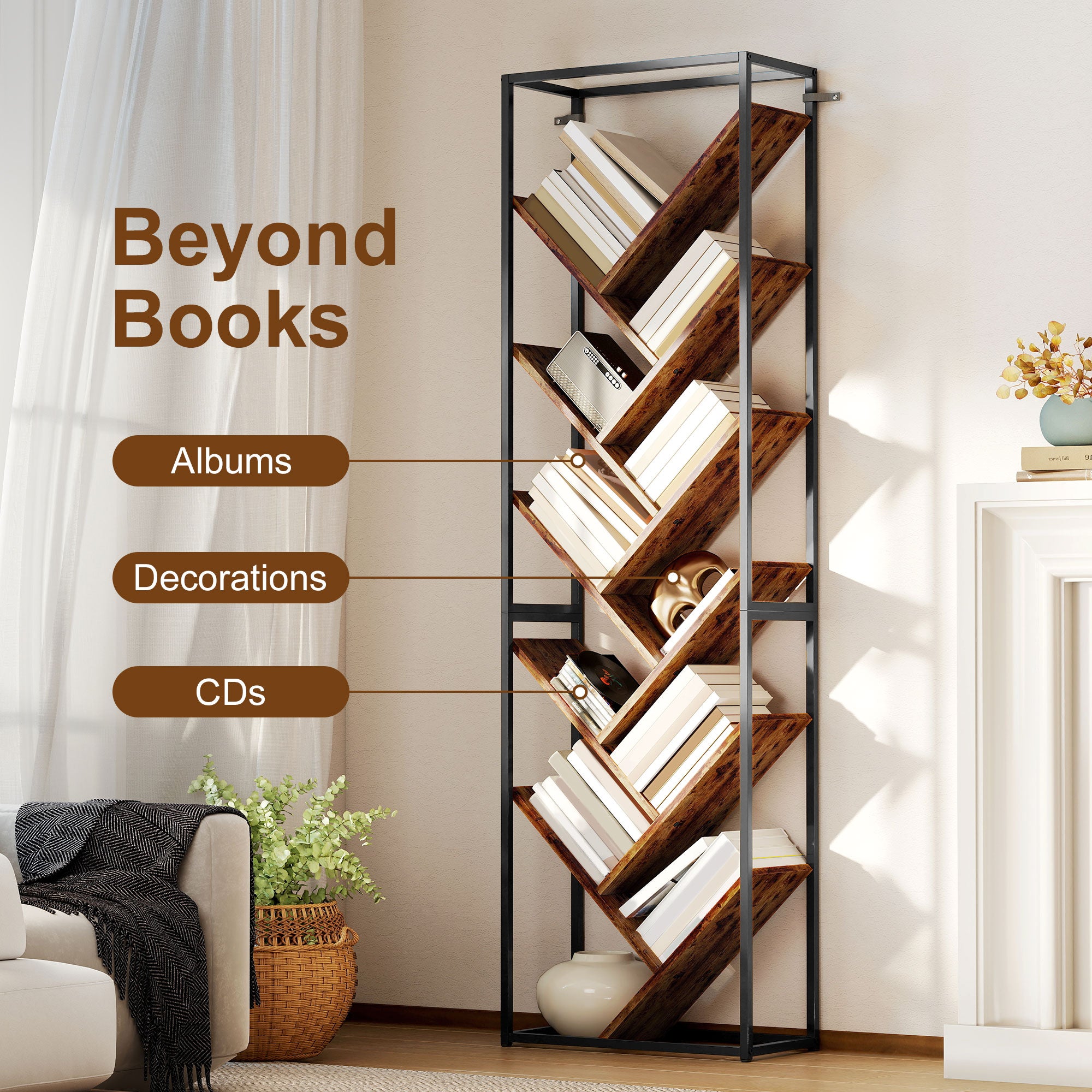 Kozy 10 Shelf Industrial-Style Bookshelf - Black/Brown
