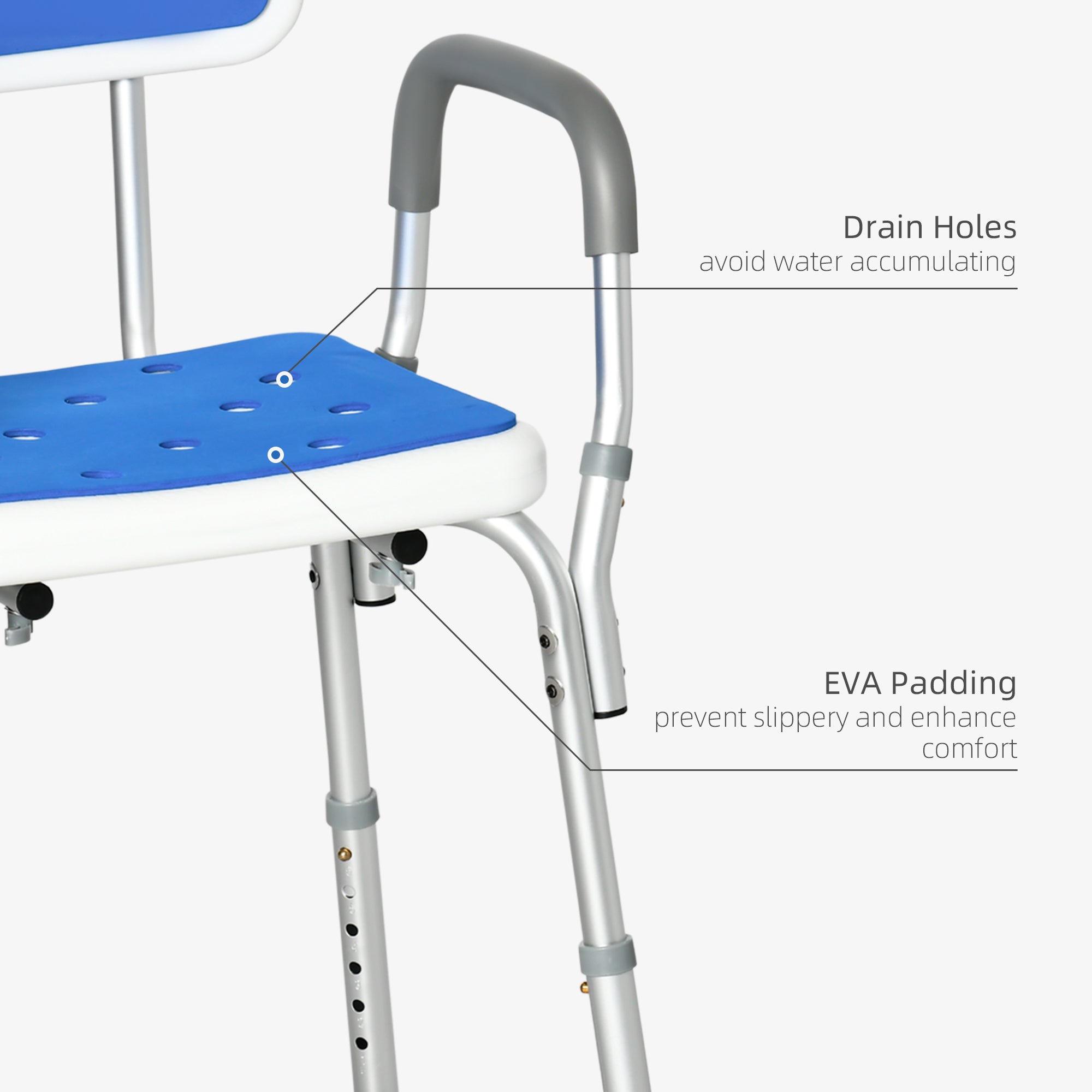 Kozy EVA Padded Shower Chair for the Elderly and Disabled, Height Adjustable Shower Stool with Back and Arms, 4 Suction Foot Pads, Blue