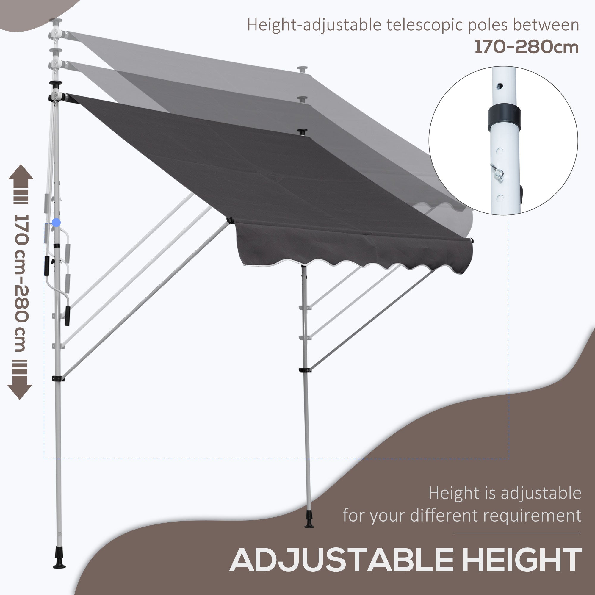 Outsunny Balcony 2 x 1.5m Manual Adjustable Awning DIY Patio Clamp Awning Canopy  Retractable Shade Shelter