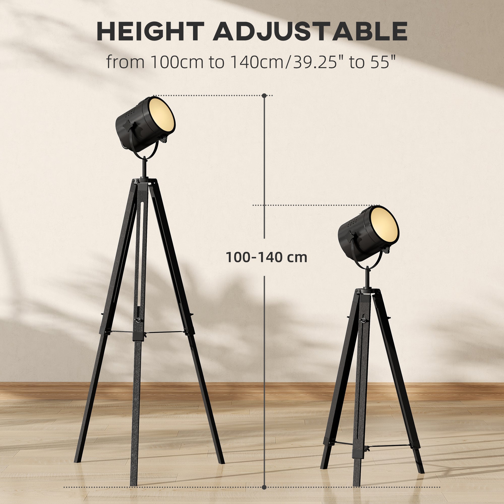 Kozy - Industrial Tripod Floor Lamp, Nautical Searchlight with Adjustable Height, Wood Legs, E14 Lamp Base for Living Room, Bedroom, Black
