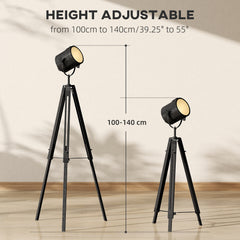 Kozy - Industrial Tripod Floor Lamp, Nautical Searchlight with Adjustable Height, Wood Legs, E14 Lamp Base for Living Room, Bedroom, Black