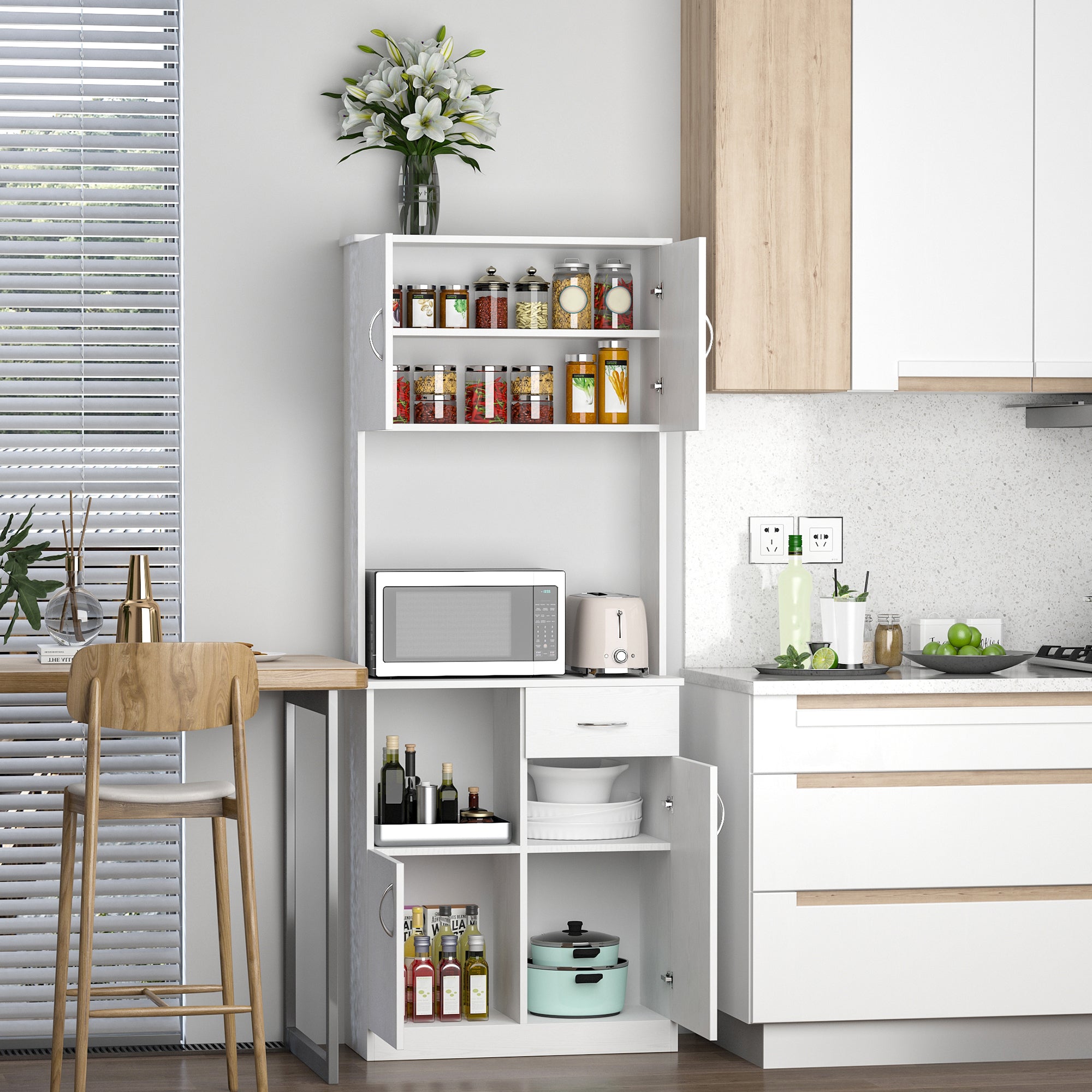 Kozy Tall Kitchen Cupboard, Kitchen Cabinet with Doors, Shelves, Drawer and Open Countertop, Storage Cabinet for Living Room, Dining Room, White