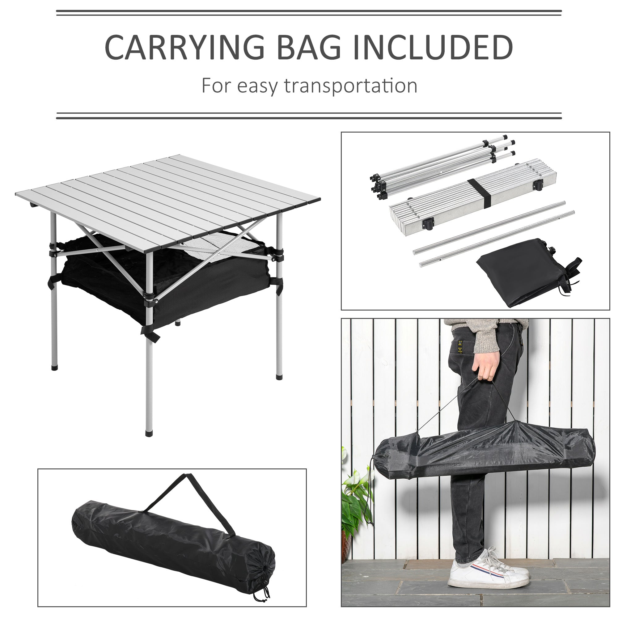 Kozy Portable Camping Table w/ Mesh Bag & Steel Frame Hiking Furniture Desk, Silver Black
