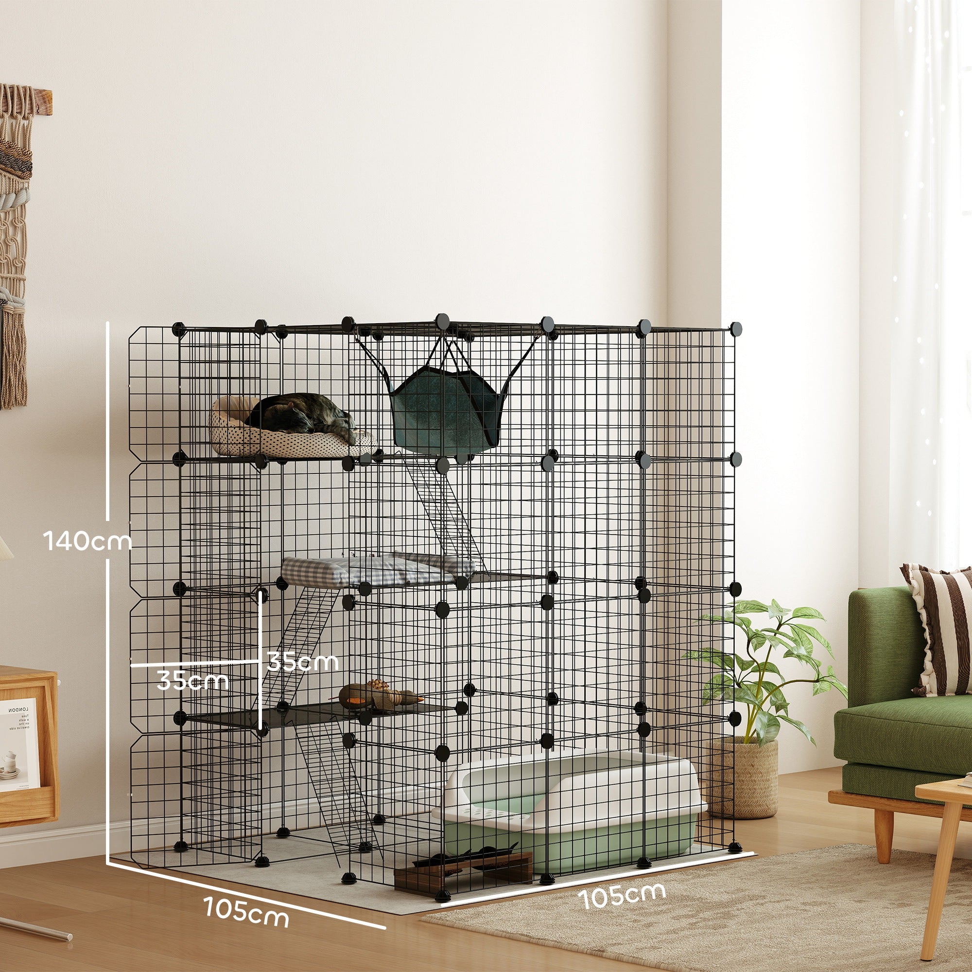 Kozy - Steel Wire Cat Cage Indoor with Hammock, Ramps, Doors, DIY Cat Enclosure for 1-3 Cats, Black