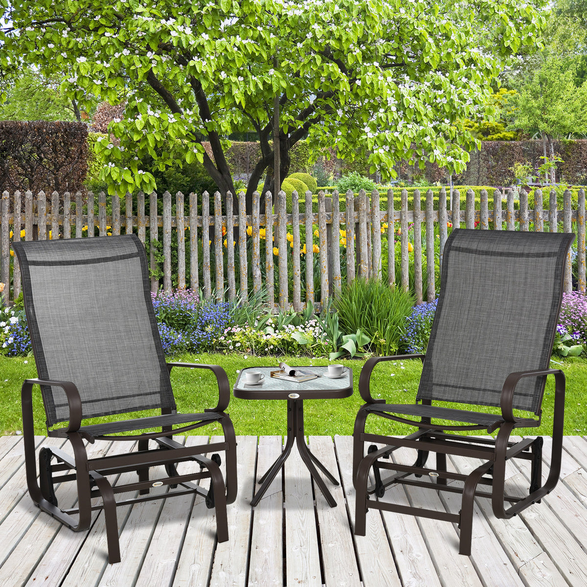 Outsunny 3 piece Outdoor Swing Chair with Tea Table Set, Patio Garden Rocking Furniture