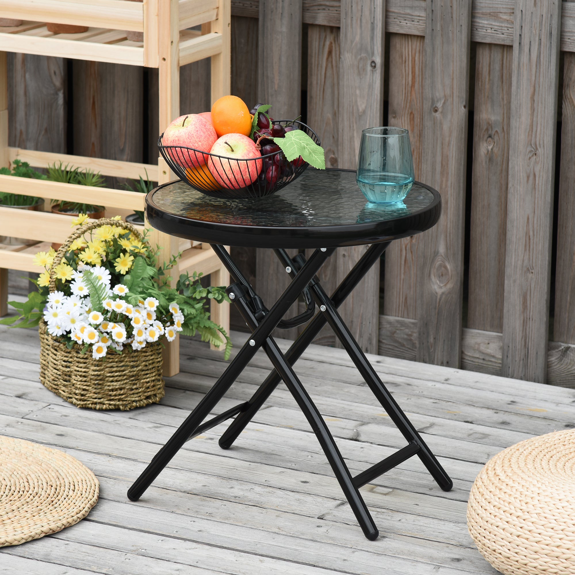 Kozy Foldable Garden Table, Round Folding Table with Glass Tabletop and Safety Buckle for Patio, Garden, Outdoor, Indoor, Black