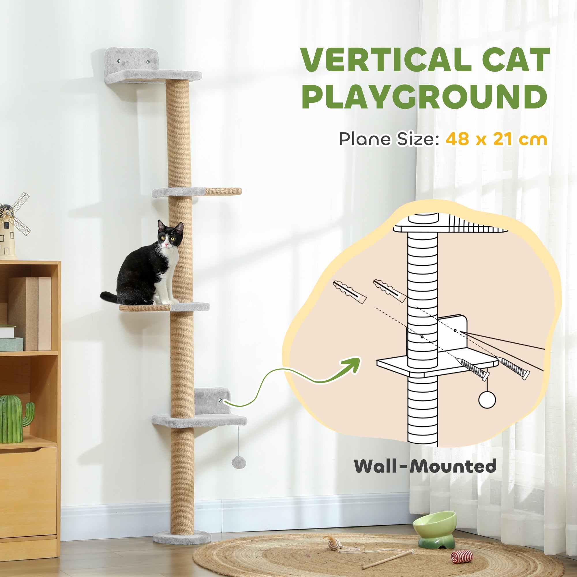 Kozy - Wall Mounted Cat Shelves, Cat Climbing Wall with 4 Climbing Platforms, Jute Scratching Post and Toy Ball,180cm Tall, Light Grey