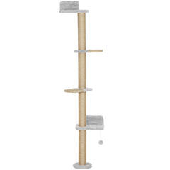 Kozy - Wall Mounted Cat Shelves, Cat Climbing Wall with 4 Climbing Platforms, Jute Scratching Post and Toy Ball,180cm Tall, Light Grey