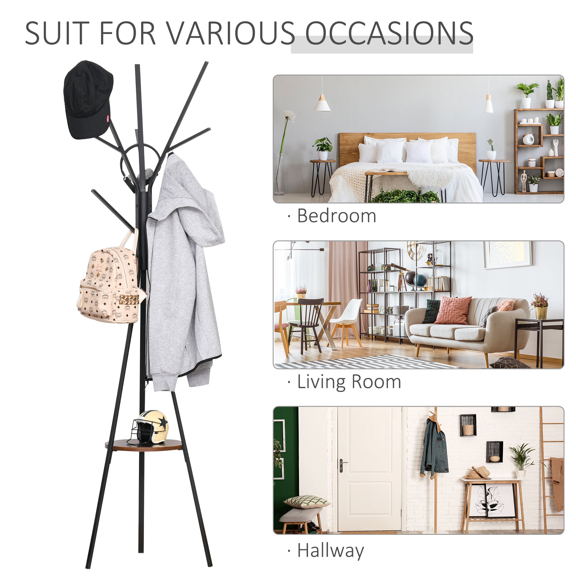 HOMCOM Free Standing Coat Rack Metal, 180cm with 9 Hooks, 1 Shelf for Clothes, Hats, Bags, Umbrella Organiser, Brown