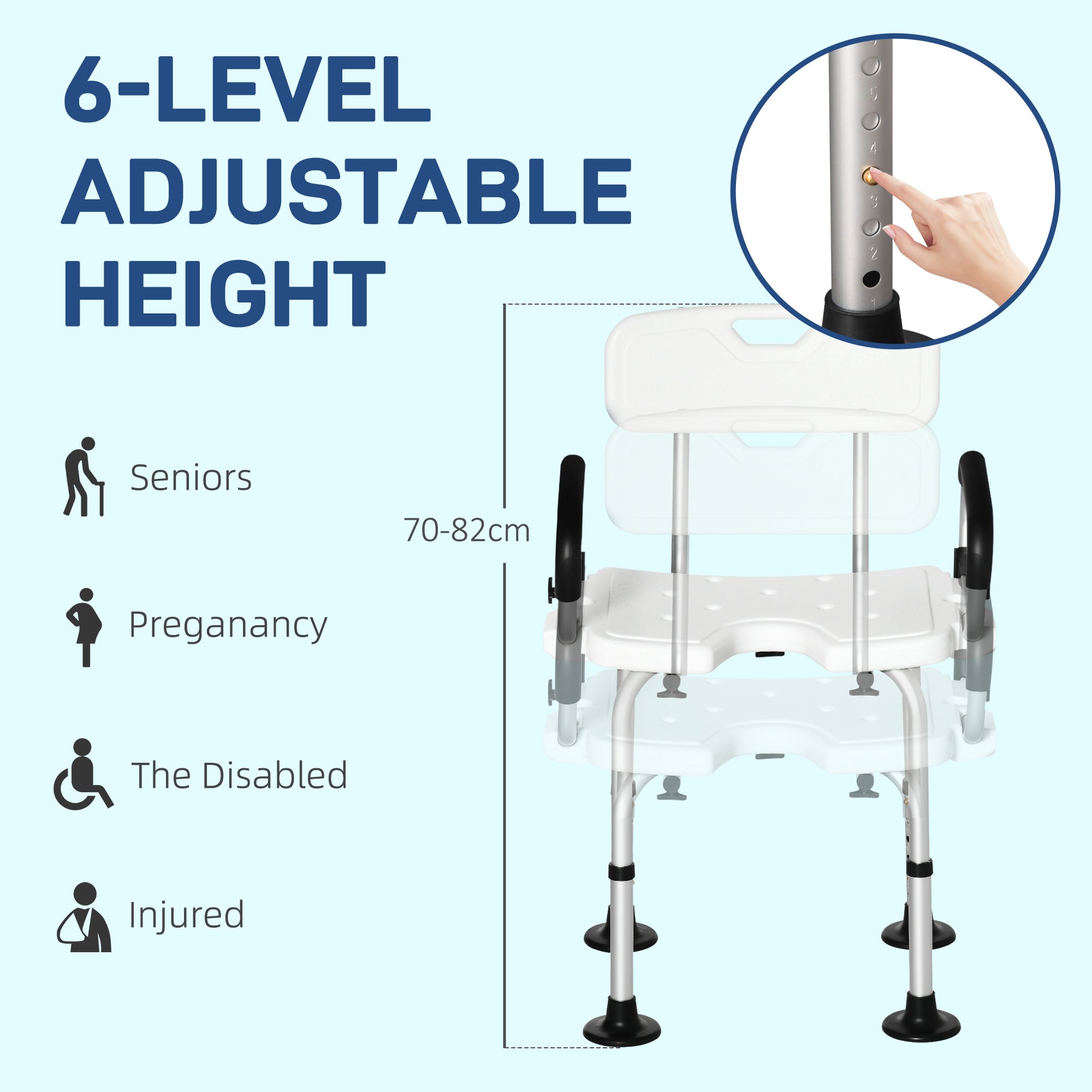Kozy Shower Chair for the Elderly and Disabled, Height Adjustable Shower Stool with Back and Flipped Padded Arms, Suction Foot Pads, White