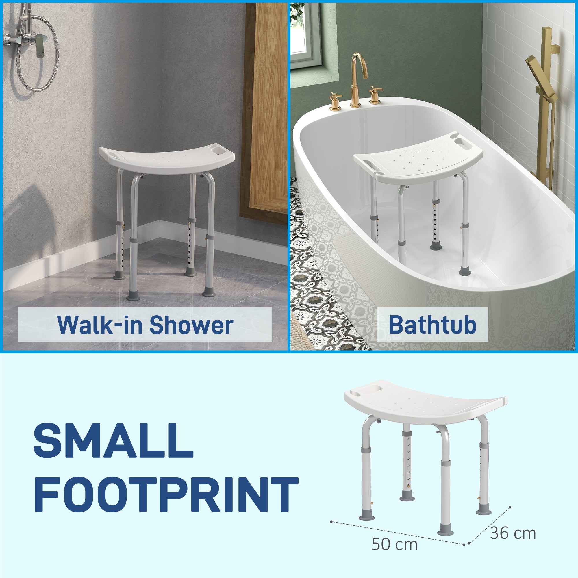 Kozy Height Adjustable Bath Stool, Aluminium Shower Stool with Non-Slip Pads for Elderly, Disabled, Seniors, Pregnant, White
