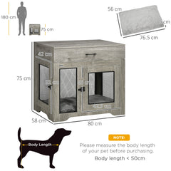 PawHut Indoor Use Dog Crate Furniture with Cushion, Double Doors Pet Kennel End Table with Drawer for Medium Dogs, Grey