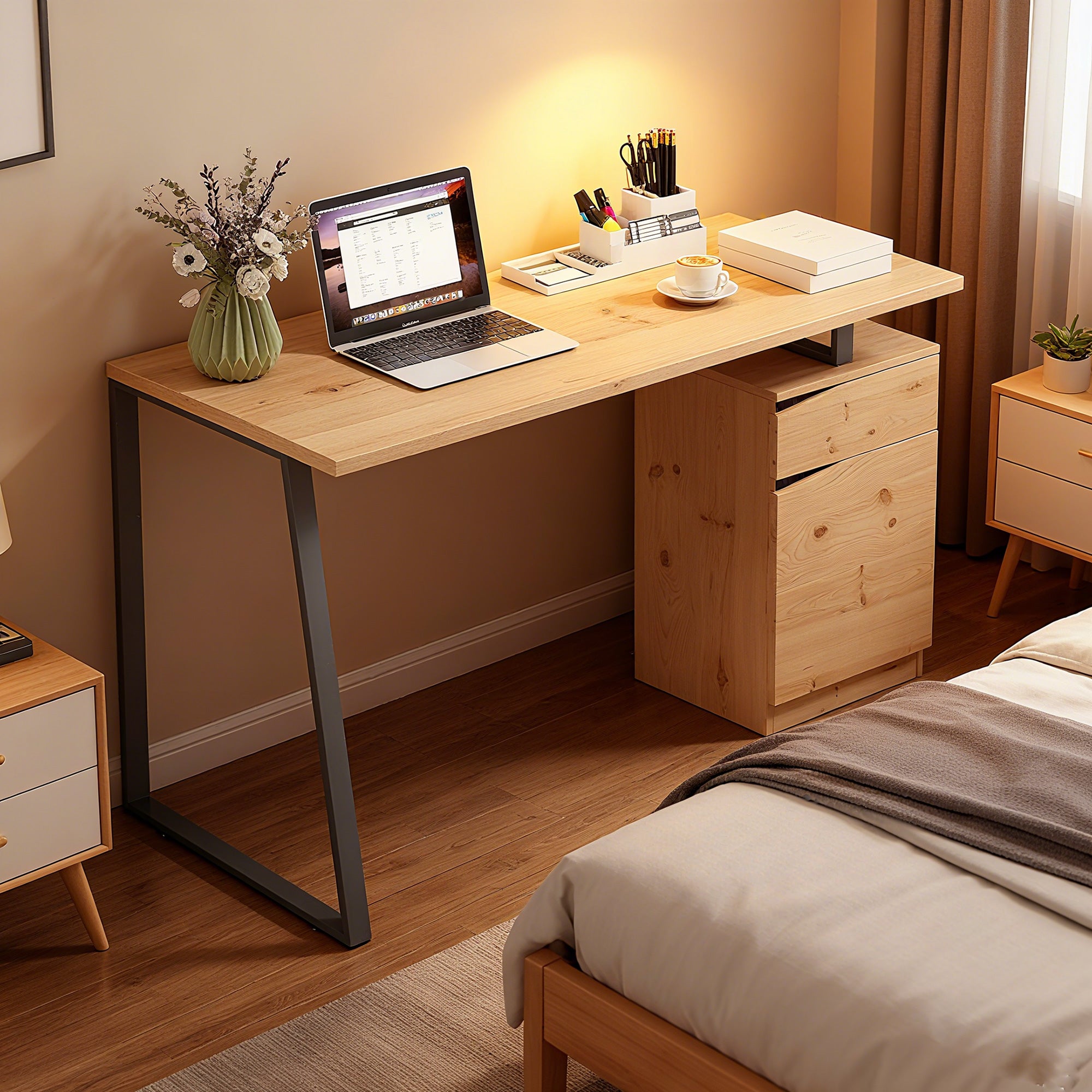 Kozy Computer Desk, Writing Desk with Cabinet, Drawer, Metal Legs, Work Table for Home Office Study, Natural Wood Finish