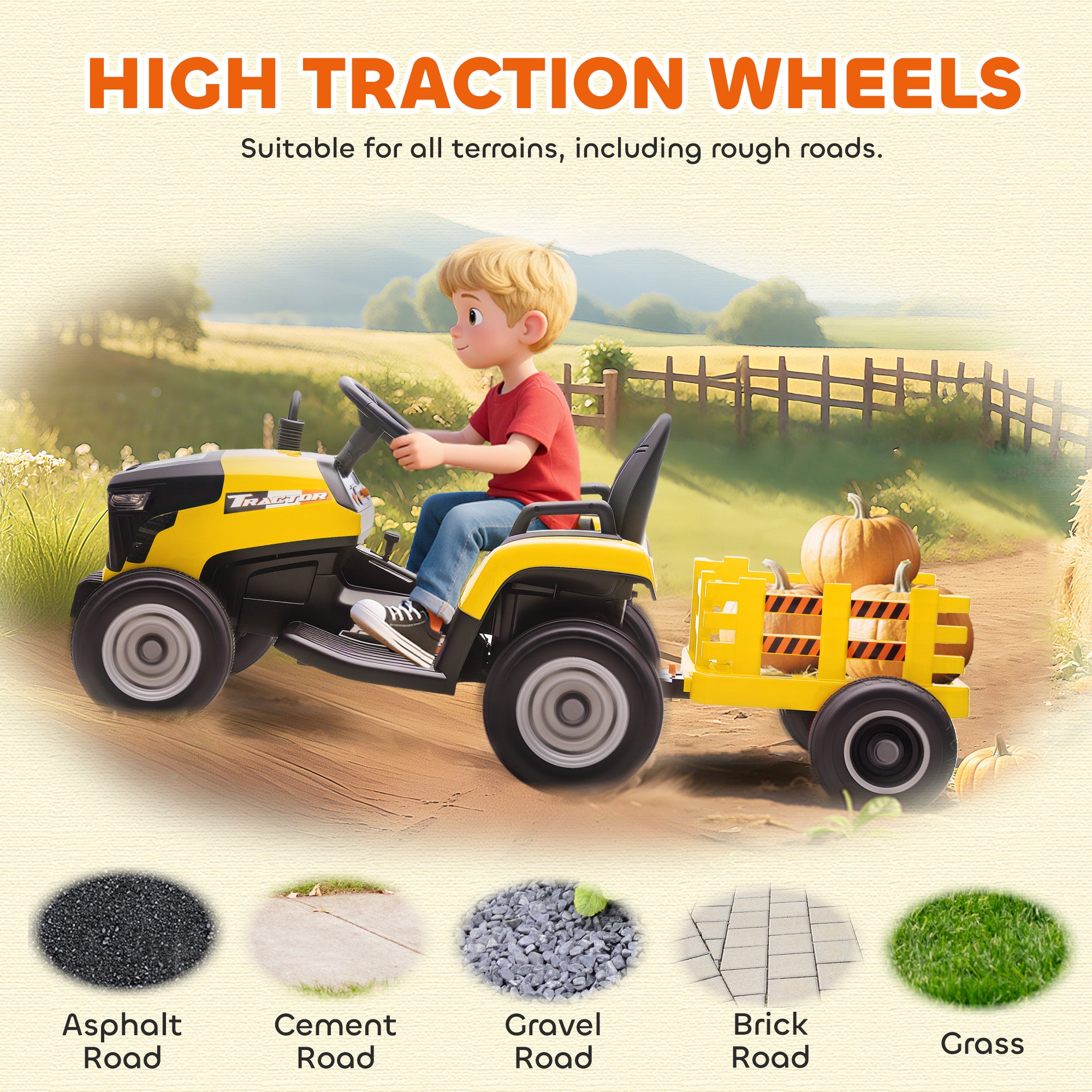 AIYAPLAY 12V Ride on Tractor and Trailer with Remote Control, Music, Shifter, Start-Up Sound, for Kids Ages 3-8 Years, Yellow