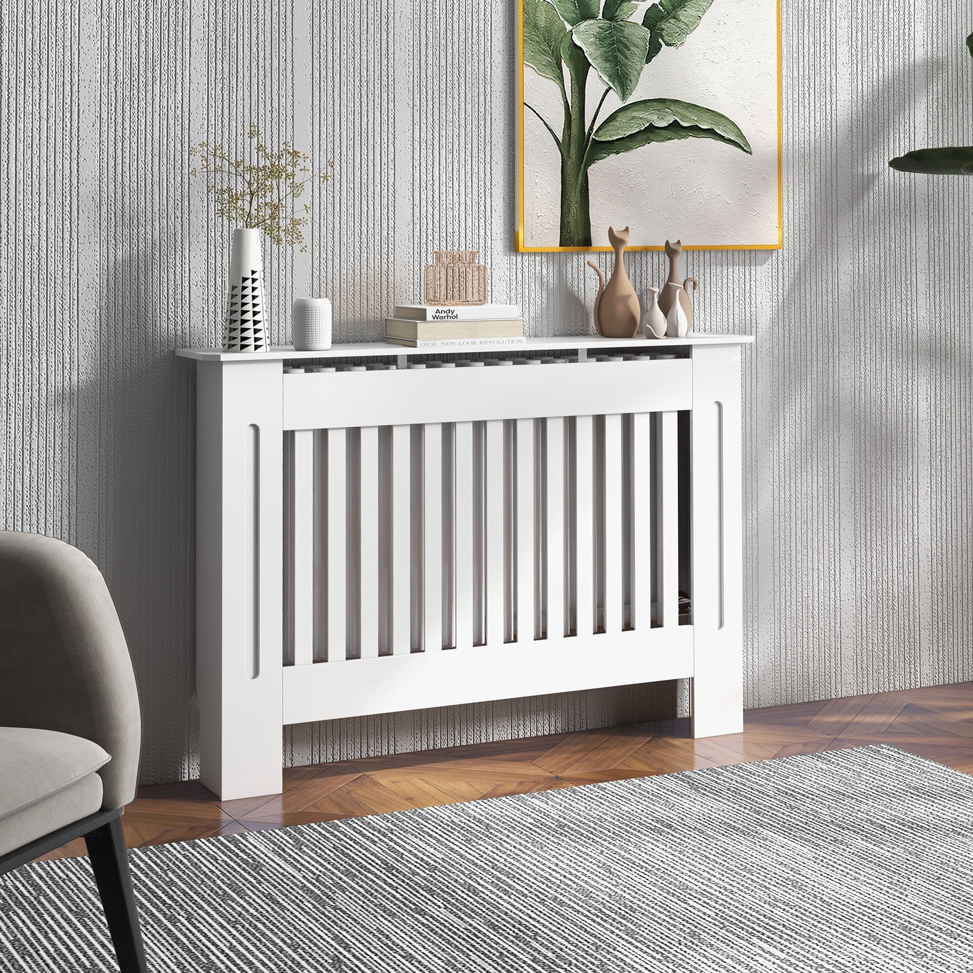 Kozy Slatted Radiator Cover Painted Cabinet MDF Lined Grill in White (112L x 19W x 81H cm)