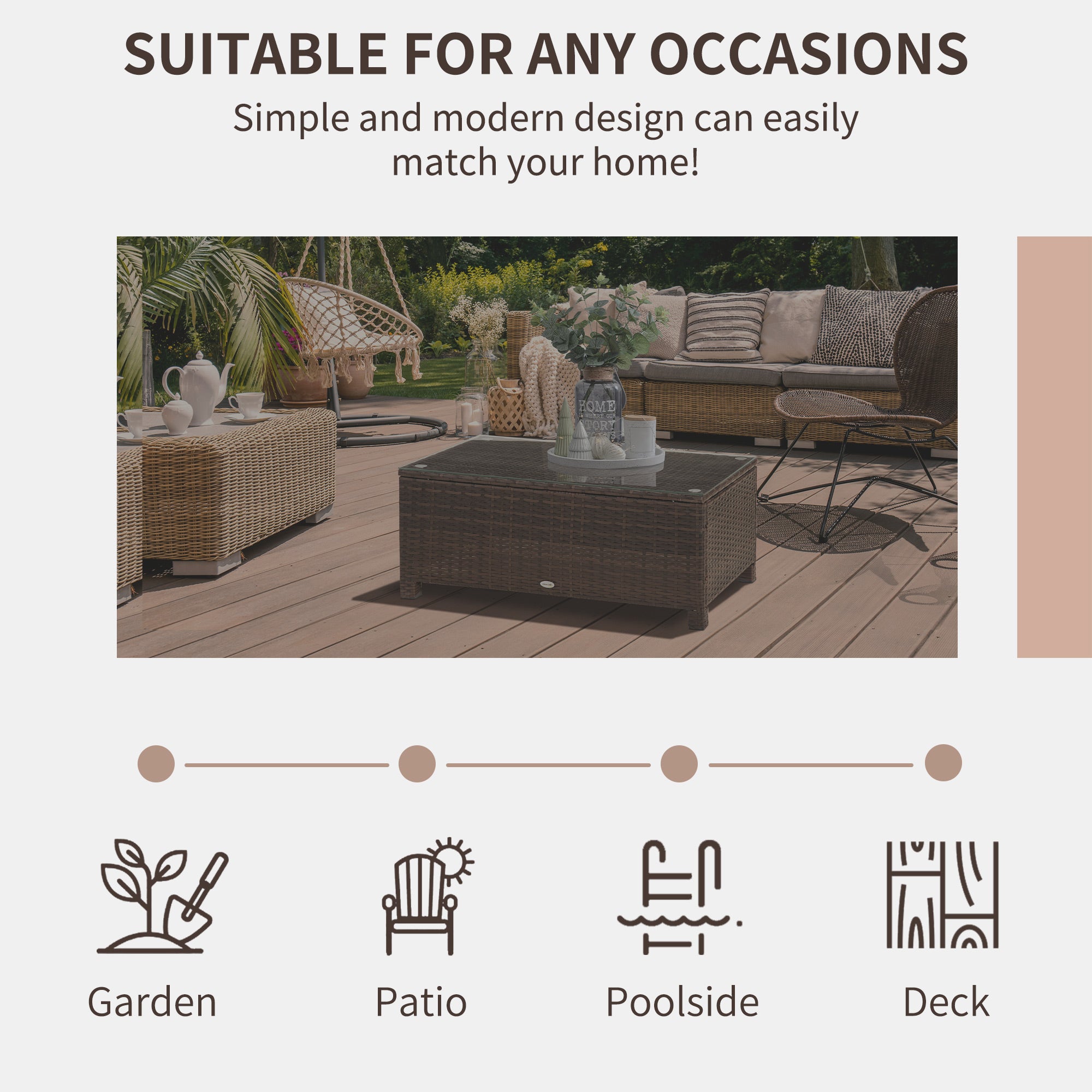 Outsunny Rattan Garden Furniture Coffee Table Patio Tempered Glass (Mixed Brown)