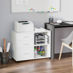 HOMCOM Mobile Printer Stand with Wheels, Office Desk Side Storage Unit, 3 Drawers 2 Shelves, 80L x 40W x 65H cm, White