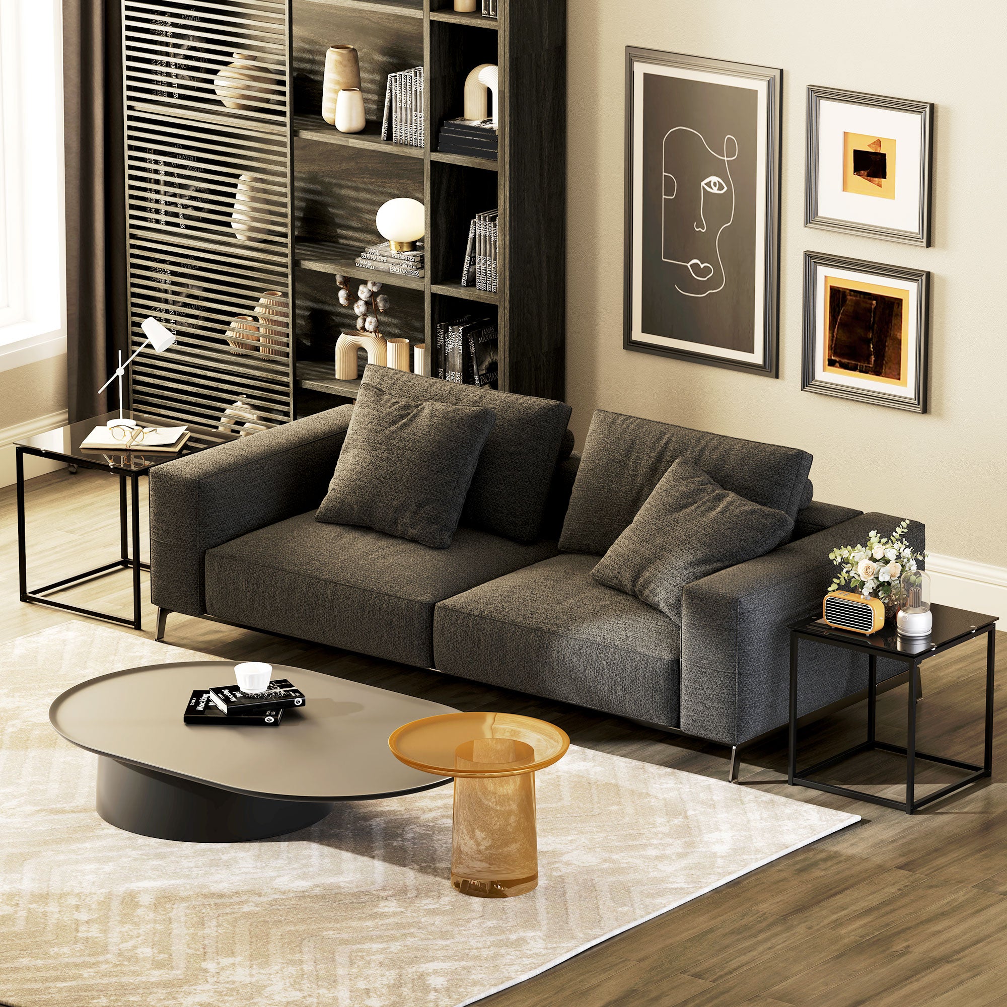 Kozy Nest of Tables, Set of 2 Coffee Table, Side Tables with Tempered Glass Desktop and Metal Frame for Living Room, Bedroom, Office, Black